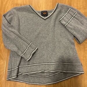 Chico's Small Gray V-Neck Sweater Striped Trim Long Sleeve Knit Pullover
